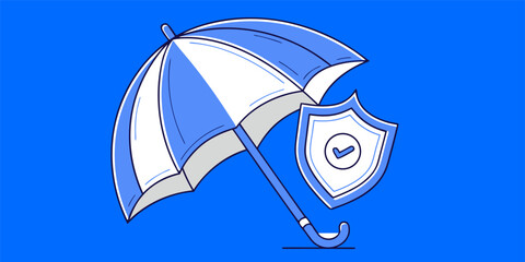 Minimal blue line illustration of umbrella protecting a security shield with check mark in rain. Ideal for cyber security, data protection, insurance, web banners and UI.