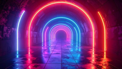 Futuristic tunnel with neon lights in various colors, reflecting on the floor