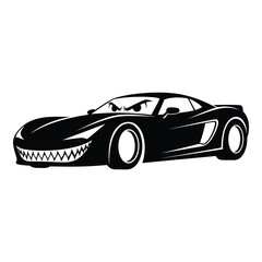 A menacing black sports car with sharp teeth and angry eyes, isolated on white background, a fierce and aggressive vehicle design concept illustration