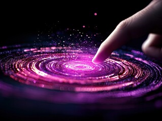 A finger touches a vibrant, swirling vortex of pink and purple light particles, creating a dynamic and energetic visual effect.