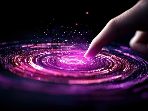 A finger touches a vibrant, swirling vortex of pink and purple light particles, creating a dynamic and energetic visual effect. - Powered by Adobe