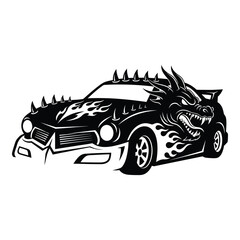 A fierce dragon car with flames and spikes, isolated on white background, a powerful and mythical vehicle design concept illustration