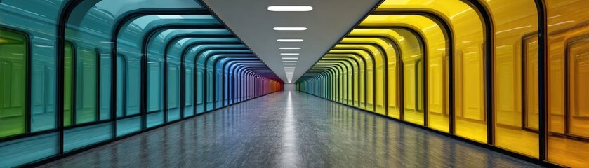 Paint store display with color swatches concept. Colorful corridor with vibrant lighting and modern design elements.