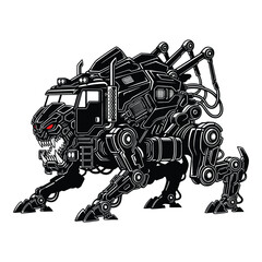 Mechanical monster truck isolated on white background, a formidable vehicle with robotic legs and a menacing expression, ready to crush any obstacle