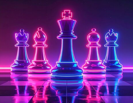 Illuminated chess pieces with neon outlines on a checkered surface - Powered by Adobe