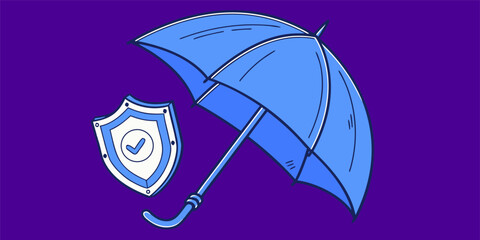 Minimal blue line illustration of umbrella protecting a security shield with check mark in rain. Ideal for cyber security, data protection, insurance, web banners and UI.