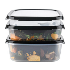 Front view of reusable plastic food container isolated on white background