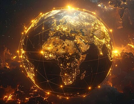 Illuminated Earth surrounded by a network in a stellar scene