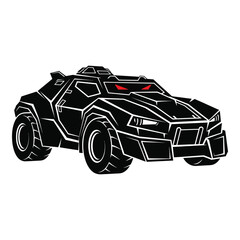 Illustration of a black armored car with red eyes isolated on white background, showcasing its powerful design and menacing appearance in a vector format
