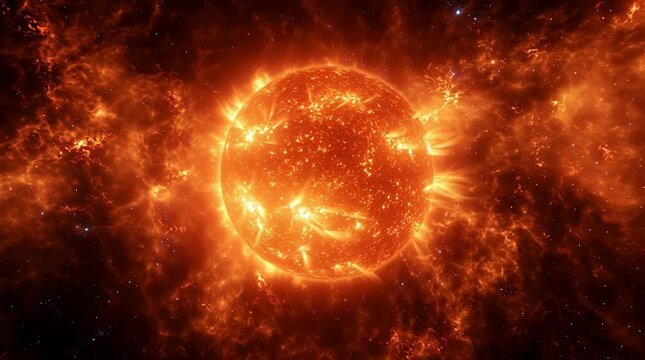 Fiery orange plasma sphere radiating intense warmth and light, glowing sun suspended in deep space with vivid cosmic energy, fiery sun close-up with intense flames and cosmic background