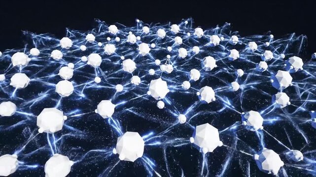 Interconnected 3D network of white polyhedral objects