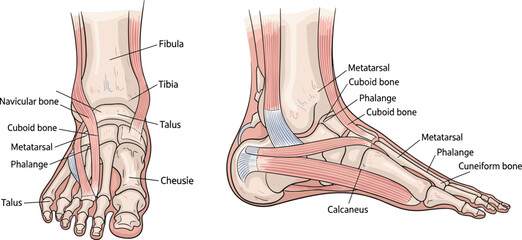Labeled vector diagram of human foot anatomy featuring tibia, fibula, and metatarsal bones in front and side views isolated on white background for medical education.