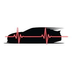 A sleek black sports car silhouette speeds along, accentuated by a vibrant red heartbeat line, isolated on white background, symbolizing automotive passion and vitality