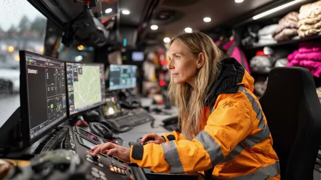 A focused operator in a neon-lit control room typing amid many screens and gear under flicker glow