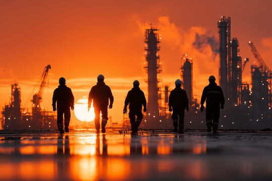 silhouette of oil and gas workers in PPE, refinery background at sunset. warm tones, professional poster backdrop - Powered by Adobe
