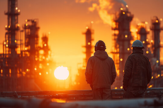 silhouette of oil and gas workers in PPE, refinery background at sunset. warm tones, professional poster backdrop