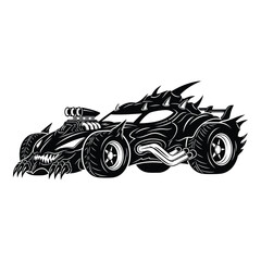 A menacing black monster car isolated on white background, featuring aggressive spikes, a supercharged engine, and a fierce design for extreme racing