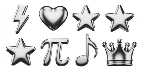 3d metal liquid chrome y2k abstract shape set. Silver inflatable elements in retro futuristic style. Heart, crown, lightning bolt, glossy, render, sparkle, star, 