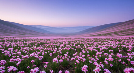 Fototapeta premium A dreamy spring blossom valley glowing under a lavender dusk sky. Soft colors, botanical detail, and peaceful seasonal beauty.