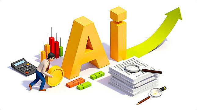 Isometric illustration with elements of artificial intelligence and financial analysis, including charts, a coin, and a person, symbolizing growth and innovation in business.
