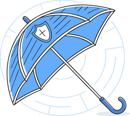 Flat vector illustration showing umbrella protecting laptop with lock and warning shield, symbolizing cybercrime risks, data breach alerts and online security for tech banners, apps and infographics.