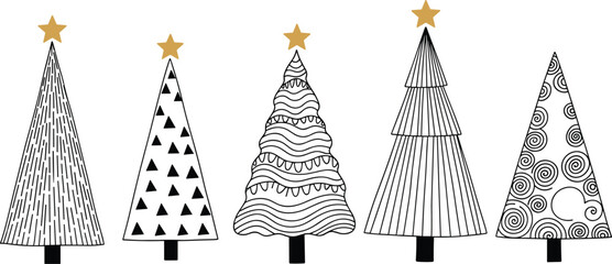 Set of five decorative hand drawn Christmas trees with gold stars, black and white doodle line art for holiday design