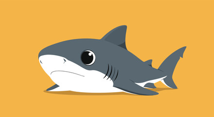 An adorable cartoon baby shark with big, round eyes lies calmly on a simple, vibrant orange background, exuding a playfully serious charm.