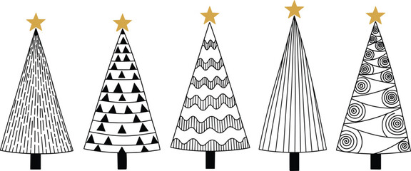 Set of five decorative hand drawn Christmas trees with gold stars, black and white doodle line art for holiday greeting cards