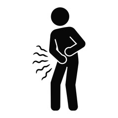 Stomach Pain Stick Figure Icon. Vector Black Glyph of Person Suffering from Abdominal Cramps, Indigestion, or Digestive Illness.