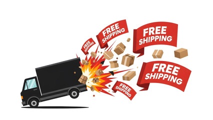 Free Shipping Delivery Truck with exploded Boxes Express Delivery Free Shipping Concept 