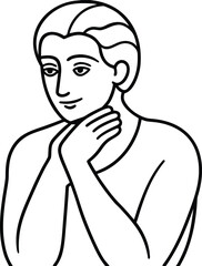 Minimalist linear drawing of a thoughtful person holding their neck