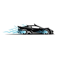A dynamic black sports car with blue lightning streaks, isolated on white background, conveying speed and energy, ideal for automotive or racing themes