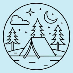 Night camping scene with tent trees moon stars and cloud line art