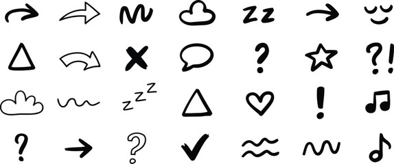HandDrawn Black Doodle Elements on White Background Arrows, Cloud, Zzz, Shapes, Question Marks, and Musical Notes