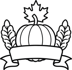 Autumn Harvest Pumpkin Maple Leaf and Ribbon Outline Design Vector