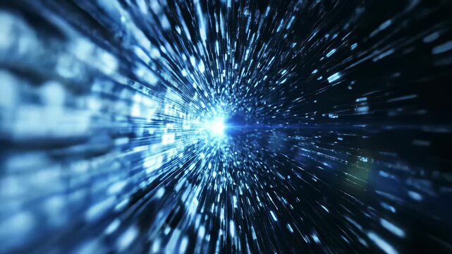 Fast paced blue light tunneling through darkness, representing infinite possibility and technological innovation, perfect for backgrounds or advertisements showcasing rapid progress.