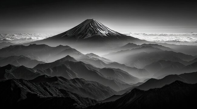 Majestic mountain range, a snow-capped peak ascends above a layered vista