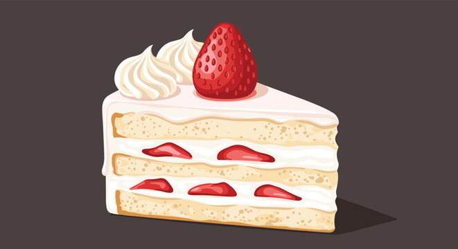 A delicious slice of strawberry shortcake with layers of fluffy sponge, fresh cream, and juicy strawberries, topped with whipped cream. - Powered by Adobe