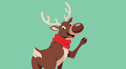 A cheerful cartoon reindeer with a red scarf waves, offering a friendly greeting for the festive holiday season.