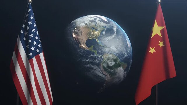 USA and China Flags Framing Earth A Symbol of Global Interdependence