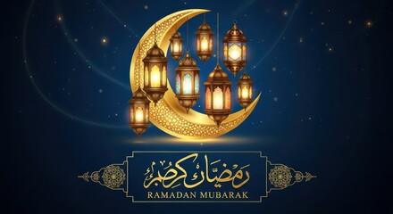 Ramadan kareem crescent moon and lanterns glowing festive islamic celebration background