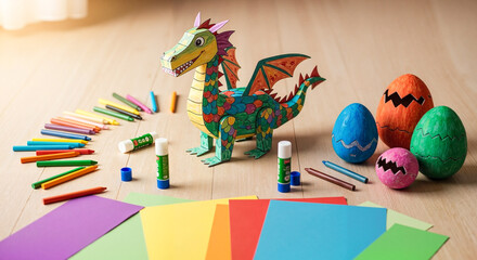 Colorful paper dragon model surrounded by craft supplies and eggs  
