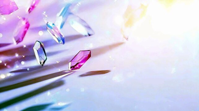 Several faceted crystals in various shades of purple and blue are suspended in the air, casting shadows on a light-colored surface, with soft light and bokeh ef