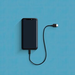 Flat lay of a black smartphone charging