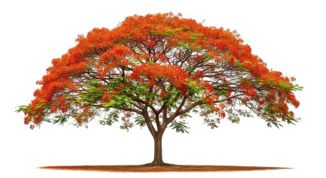 Majestic flamboyant tree displaying vivid red blooms and verdant foliage against a bright backdrop