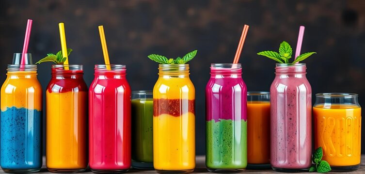 Vibrant layered smoothies in colorful glass bottles, glass, lifestyle