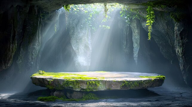 A natural stone platform, covered in lush green moss and grass, floats in the center of a mystical cave, bathed in ethereal sunbeams.