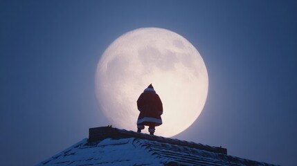 A majestic Santa Claus standing on a snowy rooftop, his silhouette against a large, full winter moon, 8k, realistic, full ultra HD, high resolution, cinematic photography