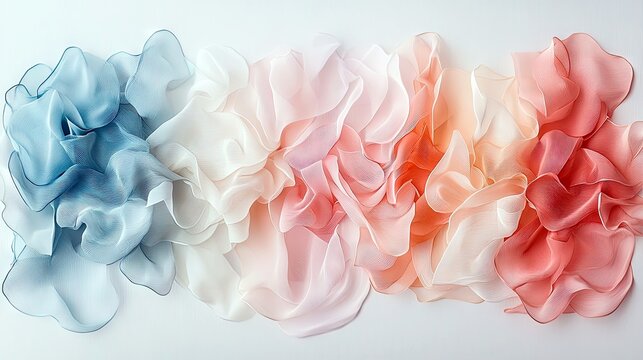 A gradient of translucent fabric flows from blue to coral, creating a soft, layered texture against a white backdrop. - Powered by Adobe