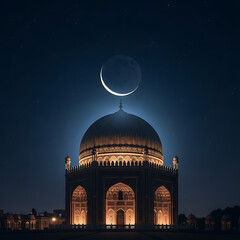 Fototapeta premium Enchanting Night View of Mausoleum Dome with Crescent Moon Symbolizing Islamic Faith Cultural Heritage Under Starry Sky